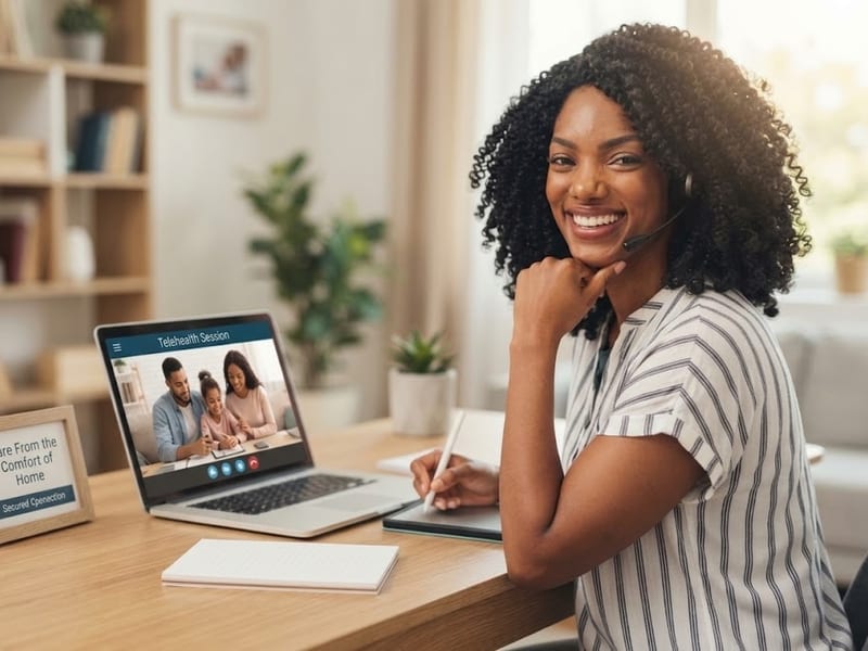 Person participating in telehealth therapy session from home